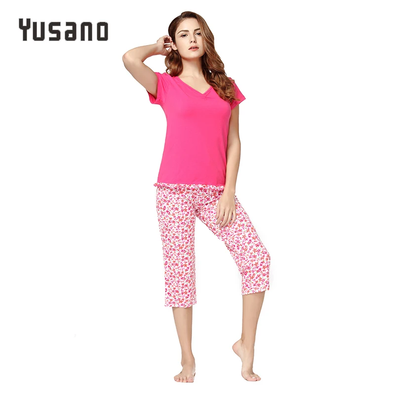 Женские пижамные комплекты Капри с коротким рукавом v-образным вырезом пижамы на