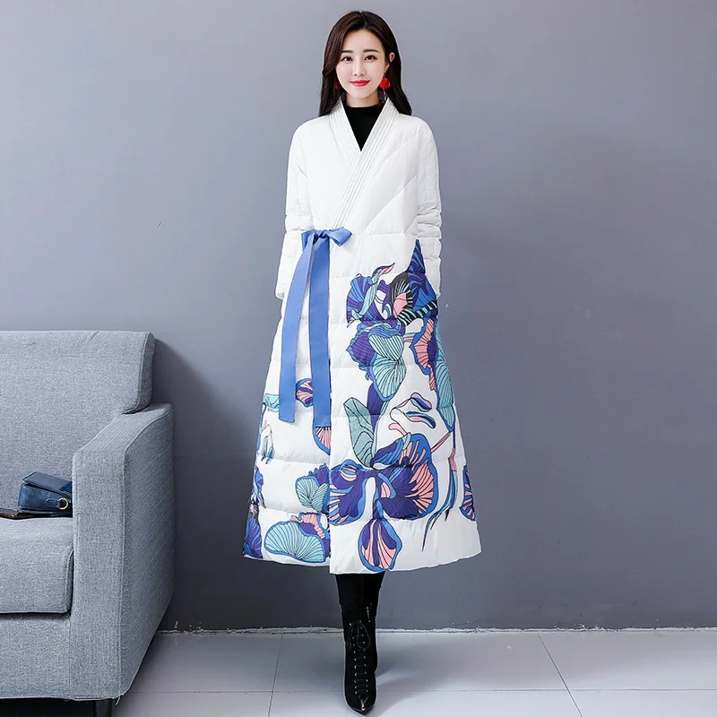

Chinese Style Women'S Winter Down Cotton Jacket Long Print Loose Thick Outwear Hooded Loose Lace Up Female Cold Coat AA4538