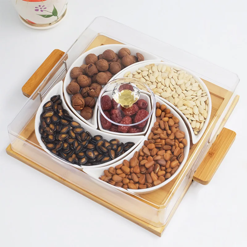 Ceramic snack plate platter wood plate friut tray dust-proof can put living room snack platter