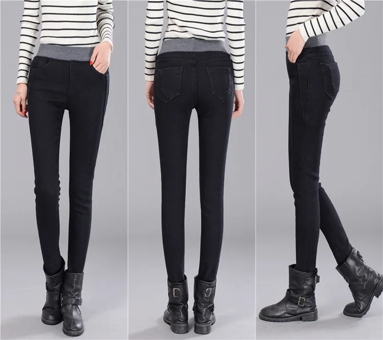Бархатные теплые джинсы для женщин с высокой талией, обтягивающие джинсы, зимние брюки-карандаш, женские облегающие джинсы, растягивающиеся, большие размеры