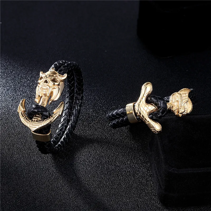 Мужской браслет из натуральной кожи с подвесками и якорем | Украшения аксессуары