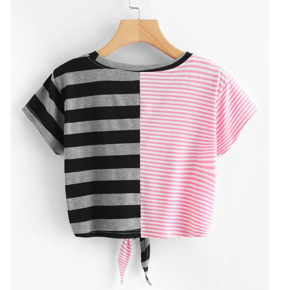 Женская мода feitong летняя блузка в полоску с коротким рукавом и бантом 2019|Блузки| |