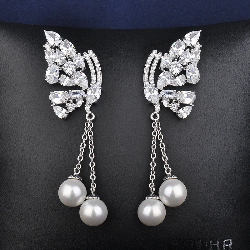 Янь Мэй высокое качество бабочка жемчуг кисточкой циркон серьги белого золота