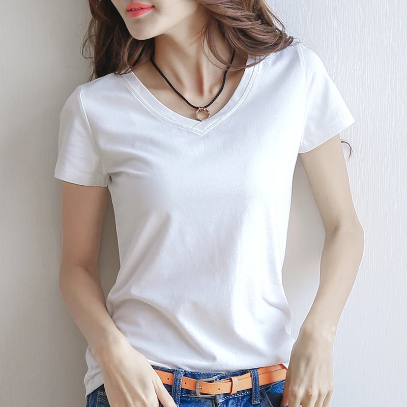 2019 Новая женская белая футболка с коротким рукавом Однотонная хлопковая