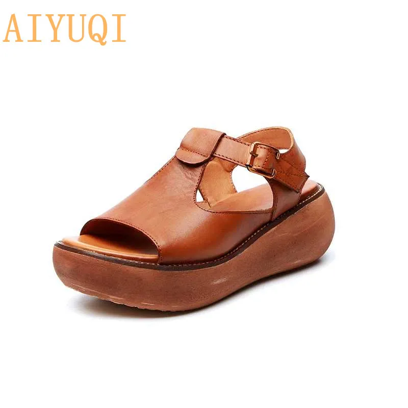 AIYUQI/женские сандалии-гладиаторы на платформе; Новинка года; женские сандалии из натуральной кожи; натуральная кожа; Повседневная летняя обувь на танкетке в стиле ретро