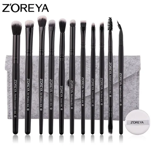 brush with bag puff ZOREYA кисти для макияжа, 11 шт., Профессиональные кисти для макияжа глаз, тени для век, набор кистей для макияжа бровей с сумкой и пуховкой - Handle Color: brush with bag puff