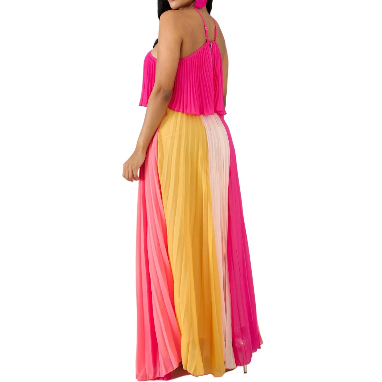 Женское плиссированное платье с бретельками контрастного цвета летнее пляжное