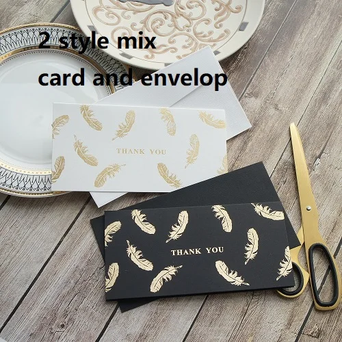 card and envelop 12set black white Gold Theme feather star thank you Card Wedding Birthday Valentine Party Invitation with Envelope Gift Message - Цвет: card and envelop