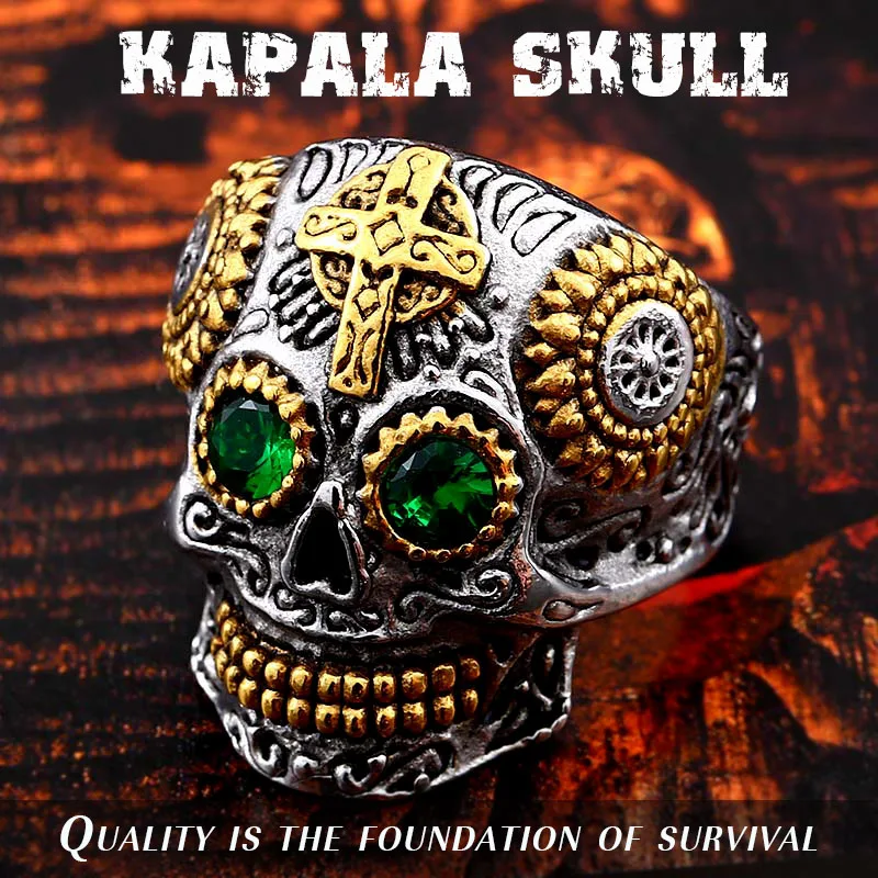 

BEIER Stainless Steel Gothic gold Carving kapala skull Ring Biker Hiphop rock Jewelry Unique fashion Gift for men BR8-327
