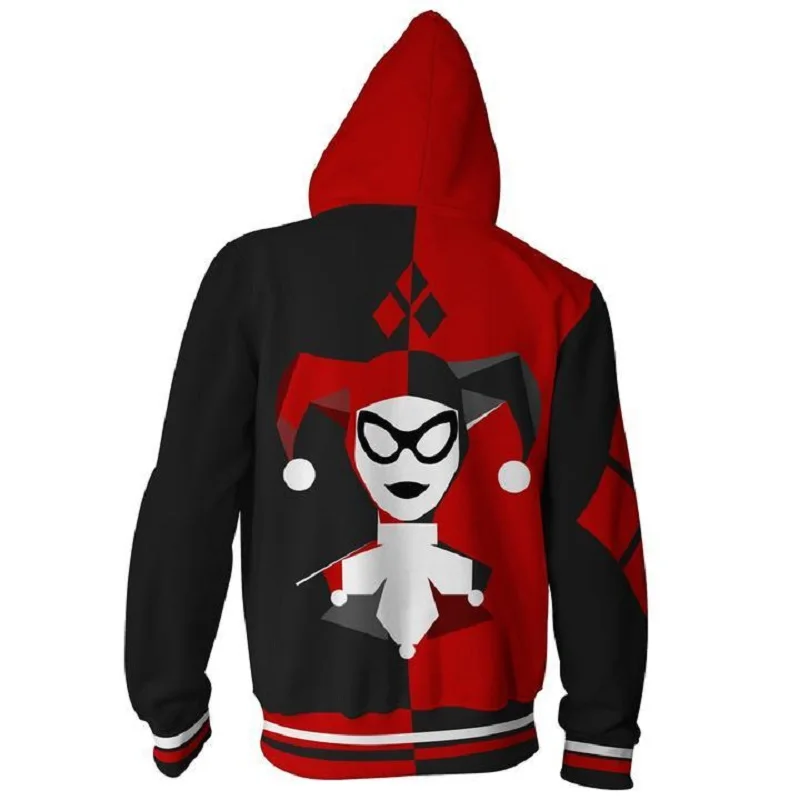 Мужская и Женская толстовка с принтом Harley Quinn черная Красная на молнии 3D уличная