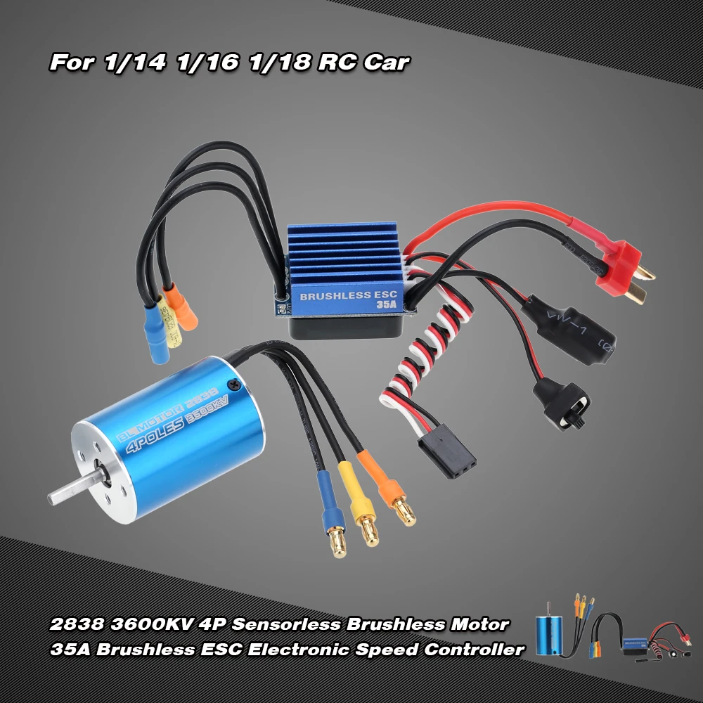 

2838 3600KV 4P Sensorless Brushless Motor & 35A Brushless ESC Electronic Speed Controller for 1/14 1/16 1/18 RC Car Accessories
