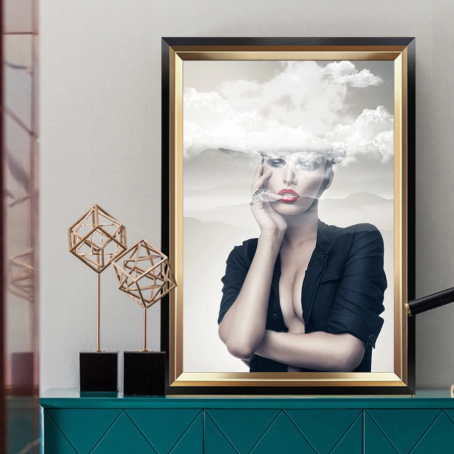 Nordic Minimalist Black and White Posters Prints Art Pictures Abstract Beautiful Women with Cloud Figure Canvas Paintings | Дом и сад