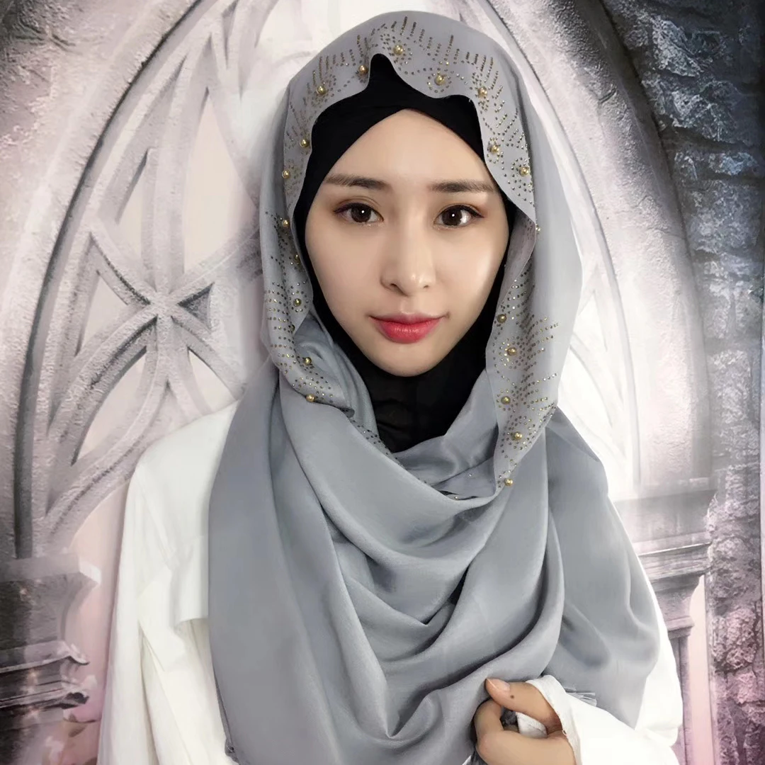 Мусульманские платки Бисероплетение геометрические хиджаб Cutton Muslima Шаль Исламская повязка на голову головные уборы Schaila - Цвет: Серый