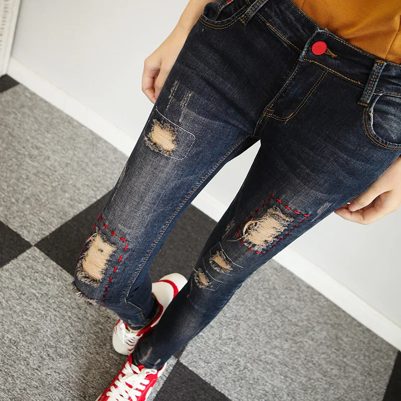 Новинка 2017 модные женские рваные джинсовые брюки с эффектом потертости