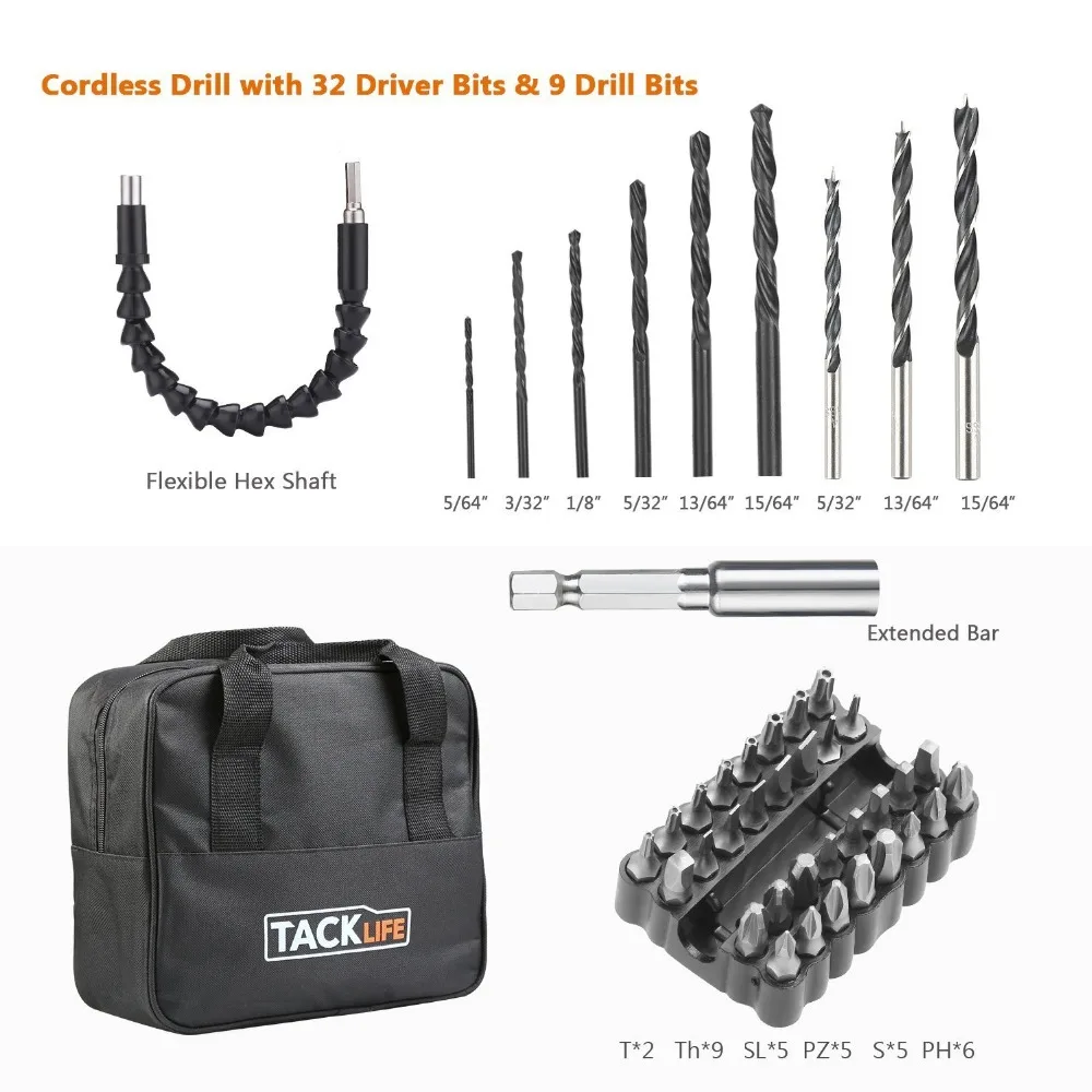 Tacklife PCD04B 20 В Макс. 1/2 Ач литий-ионная аккумуляторная дрель-шуруповерт "с функцией молотка, 2 скорости, максимальный крутящий момент, аксессуар 43 шт