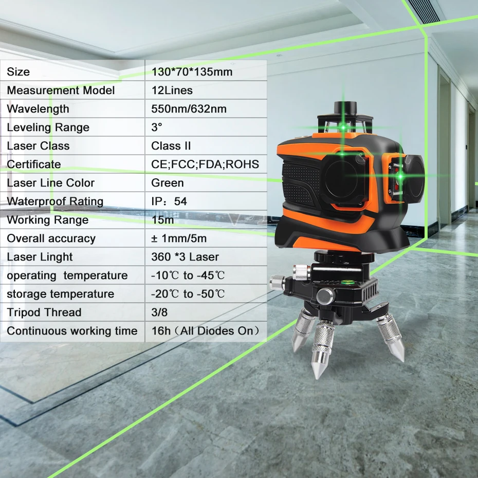 Prostormer 12 Lines 3D Laser Level 360 Green Line Set Self-Leveling Nivel A 3d Vertical And Horizontal | Инструменты