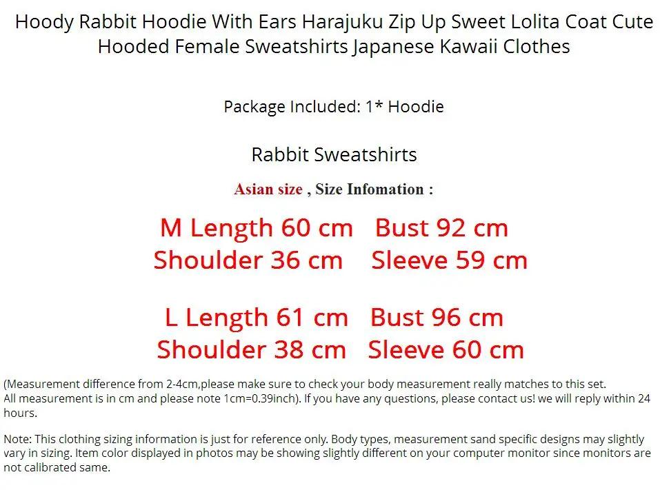 

Hoody Rabbit Hoodie With Ears Harajuku Zip Up Sweet Lolita Coat Cute Hooded Female Sweatshirts Japanese Kawaii Clothes