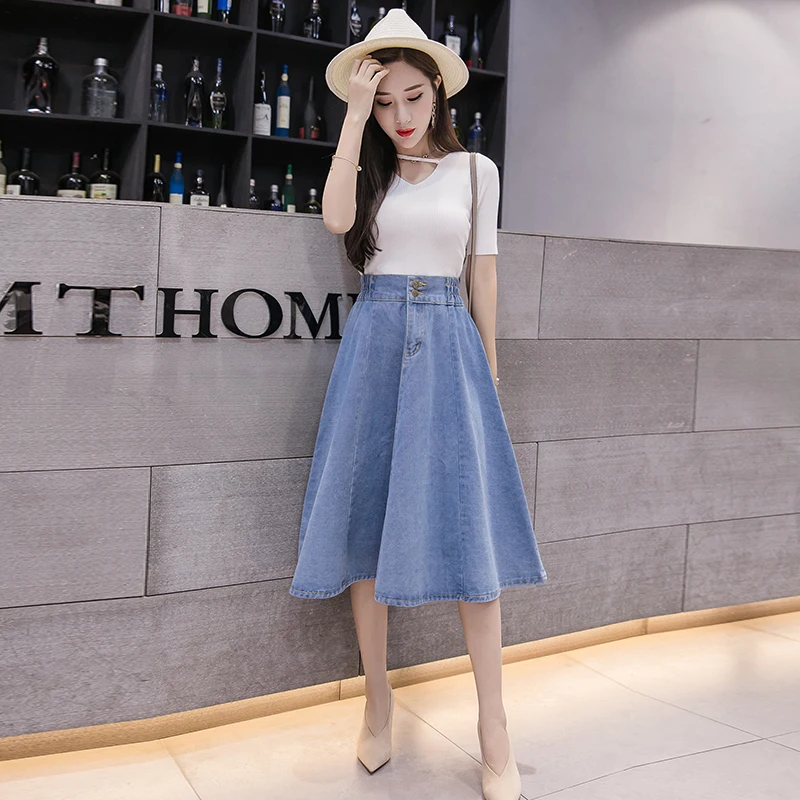 light blue NEW Длинная джинсовая юбка Новое поступление Длинные юбки для женщин Высокая талия повседневные джинсовые юбки элегантные офисные плиссированные макси юбки для женщин - Цвет: light blue NEW