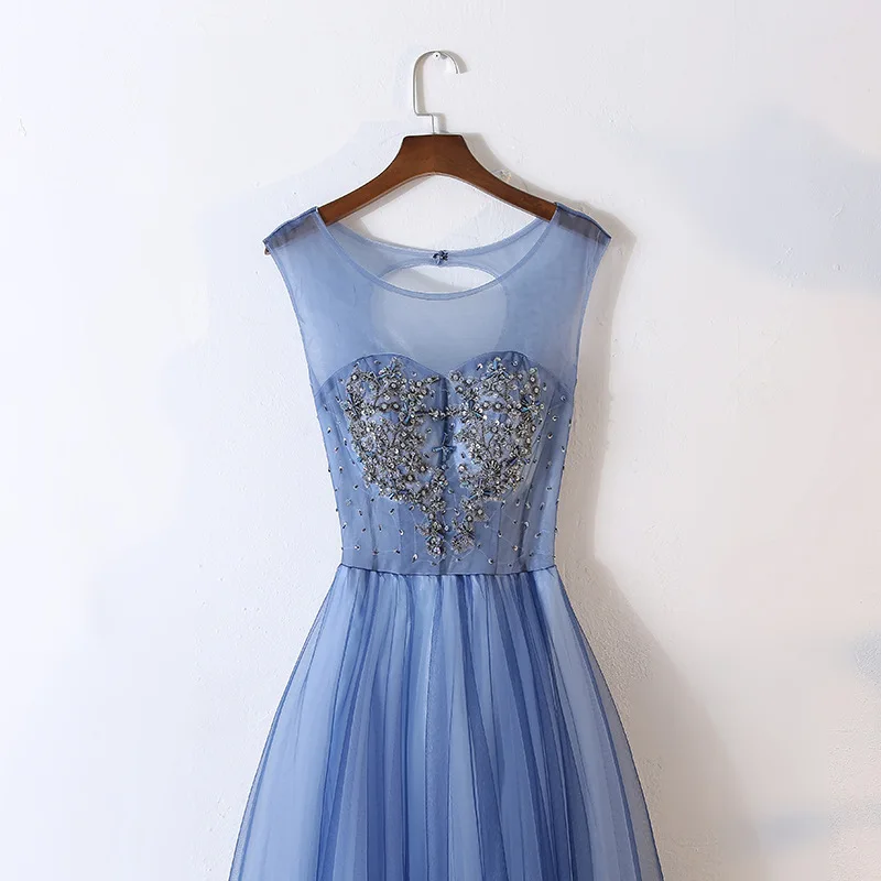 Элегантное светло голубое вечернее платье с бусинами круглым вырезом Длинные