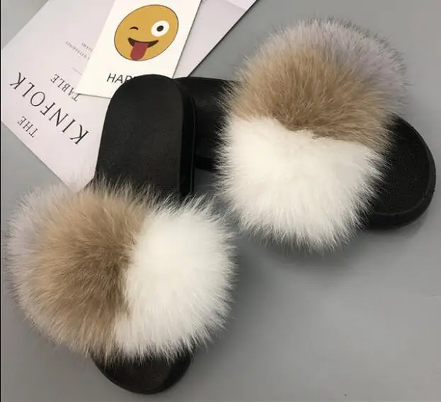 Grey-Raccoon-White COOLSA/женские нескользящие шлепанцы на плоской подошве с лисьим мехом; женские меховые шлепанцы; женские плюшевые меховые тапочки; Прямая поставка; обувь на меху; женская обувь; Лидер продаж - Цвет: Grey-Raccoon-White