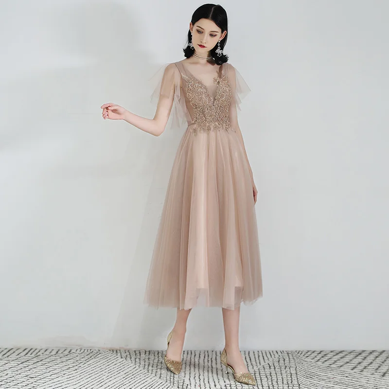 Женское коктейльное платье SSYFashion кружевное бальное до середины икры с V образным