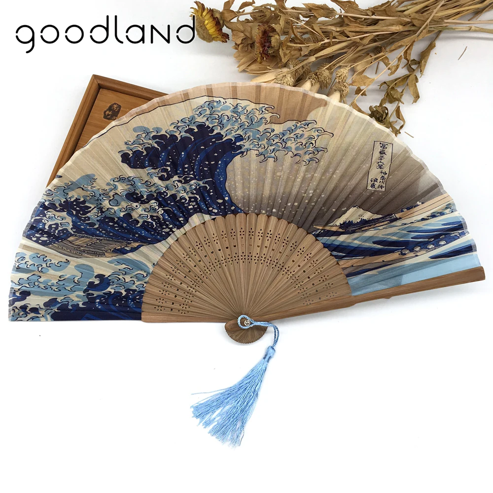 

Вееры из натурального шелка, 50 шт., в японском стиле, с волнами на горе Фудзи канагава, карманный складной веер, для танцев, для вечевечерние, свадеб, выпускного вечера