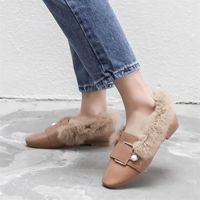 CONASCO Fashion Metal Buckles Med Heels Fur Autumn Winter Party Wedding Shoes Woman Genuine Leather Square Toe Prom Pumps | Обувь
