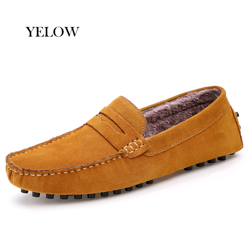 Yellow ALCUBIEREE зимние теплые Пенни лёгкие кожаные туфли типа мокасин мужская повседневная обувь с меховой подкладкой Мокасины мужские удобные слипоны обувь для вождения лодки Chaussures Hommes - Цвет: Yellow