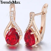 trendsmax womens stud earrings water drop shaped red stone cz 585 rose gold color earrings for woman jewelry dropshipping kge175