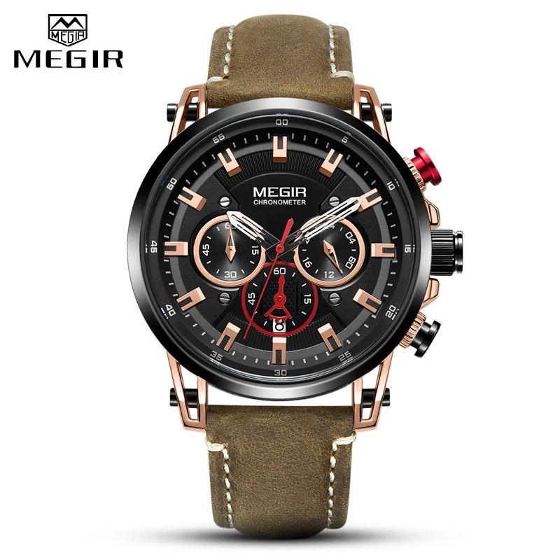 Relogio Masculino MEGIR часы мужские s кожаный ремешок Кварцевые спортивные