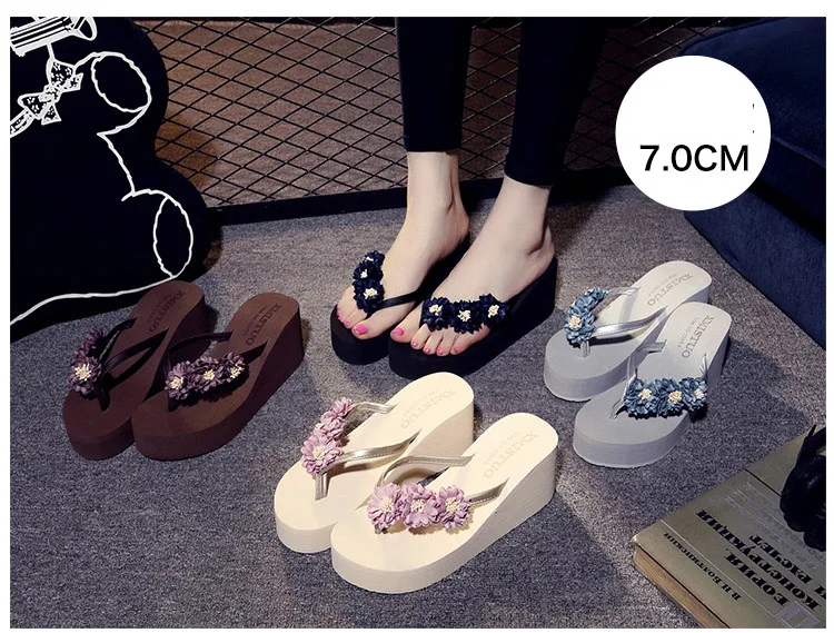 Chanclas de mujer/шлепанцы на платформе с цветами; женская летняя пляжная обувь; женские шлепанцы на танкетке и высоком каблуке; женские вьетнамки