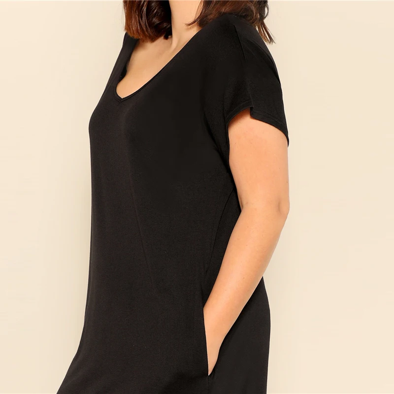 SHEIN, платье макси размера плюс, черное, с косым карманом, M-Slit Hem,, женское летнее Повседневное платье с карманами и v-образным вырезом, с коротким рукавом, однотонное, длинное, Dreeses