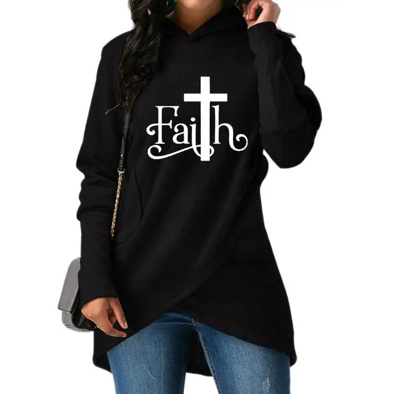 New 2018 Fashion Faith Print Sweatshirt Women Hoodies Kawaii PocketsLong Sleeve Pullover Cross Embroidery Casual | Женская одежда