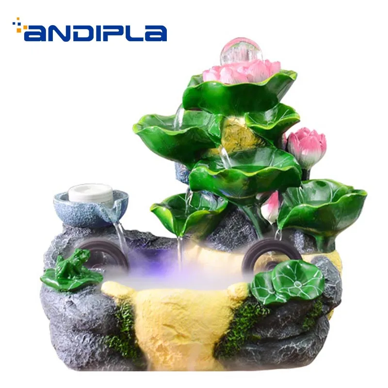 

110/220V Chinese Style Water Fountain Natural Resin Rockery Auspicious Lotus Flower Waterscape Living Room Decor Craft Fish Tank
