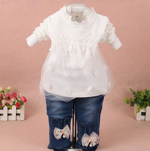2017 г. новые весенние комплекты одежды для девочек кружевная джинсовая куртка с