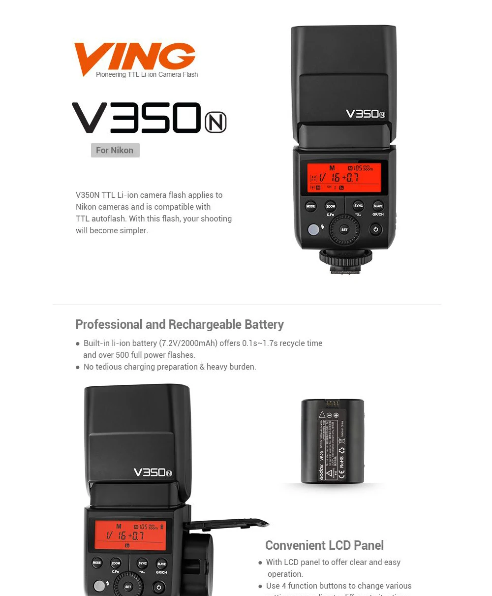 Godox V350N Мини Вспышка ttl HSS 1/8000 s 2,4G X Встроенная 2000 mAh литий-ионная батарея камера Speedlite вспышка для камеры Nikon