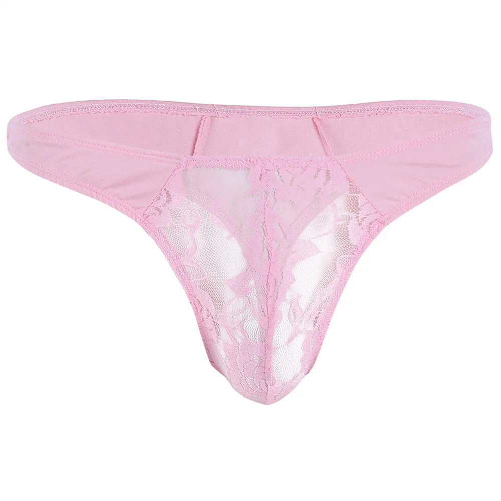 Pink IEFiEL, мужское нижнее белье, низкая посадка, прозрачные, кружевные, с цветочным рисунком, с выпуклой сумкой, сексуальные, мужские стринги, нижнее белье, трусы, Wetlook, трусики - Цвет: Pink