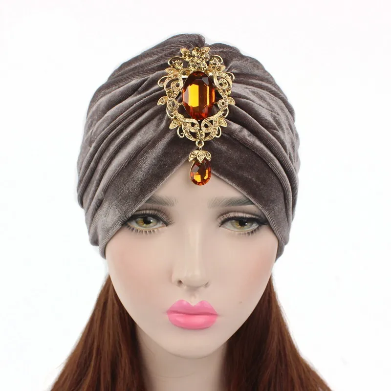 New gorgeous soft Velvet turban velour Hair cover headwrap Hijab Hat with gold color jewelry pendant #YS323 | Тематическая одежда