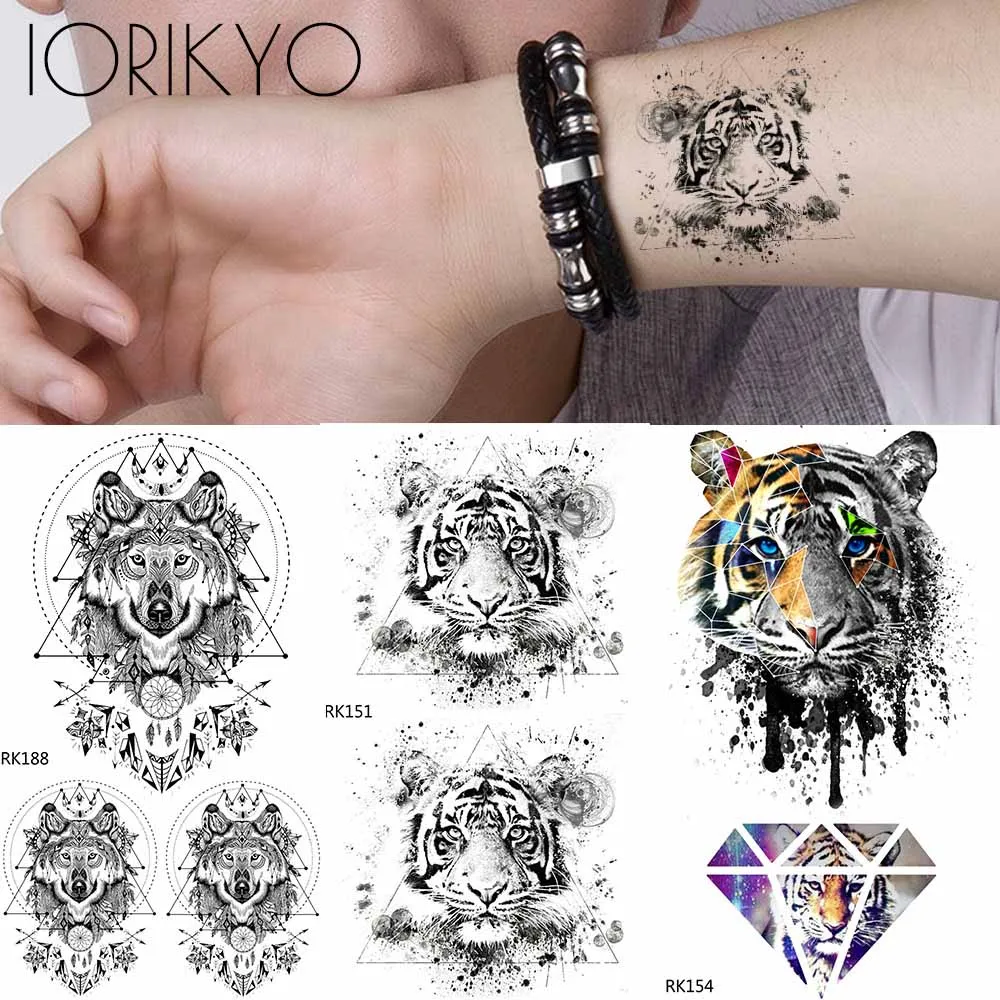 

IORIKYO Tribal Triangle Tiger Temporary Tattoo Stickers Women Body Art Drawing Black Fake Tatoos Paste Arm Tattoo Men Wrist Wolf