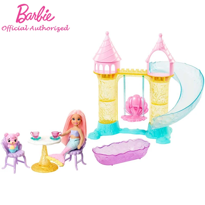 

Barbie Authorization Chelsea Mermaid Doll Toy Play Set New Arrival Pretty Girl Princess Castle With Little Fish FXT20 For Baby