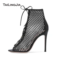 open peep toe high heel mesh boots women black heeled lace up ankle booties summer shoes ladies heels sexy fishnet sandals 2022