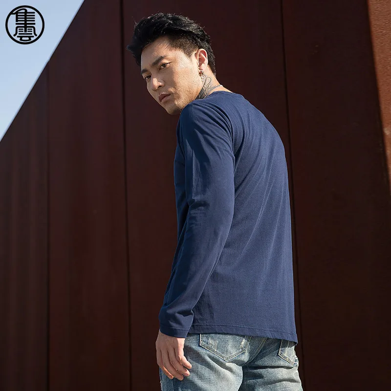 Men's Spring 5 Colors Loose Style Cotton T-shirt Fashion Solid Color O-Neck Long Sleeve All-match Tees 73CT666LX | Мужская одежда