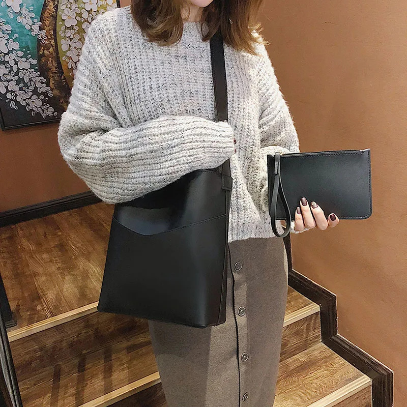 Летние новые корейские ulzzang Модные Простые повседневные сумки на плечо шикарные Harajuku ведро сплошной цвет Женская сумка-мессенджер - Color: black