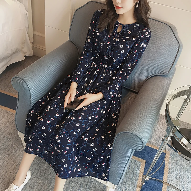 Женские Платья с цветочным принтом модная Осенняя базовая одежда длинное