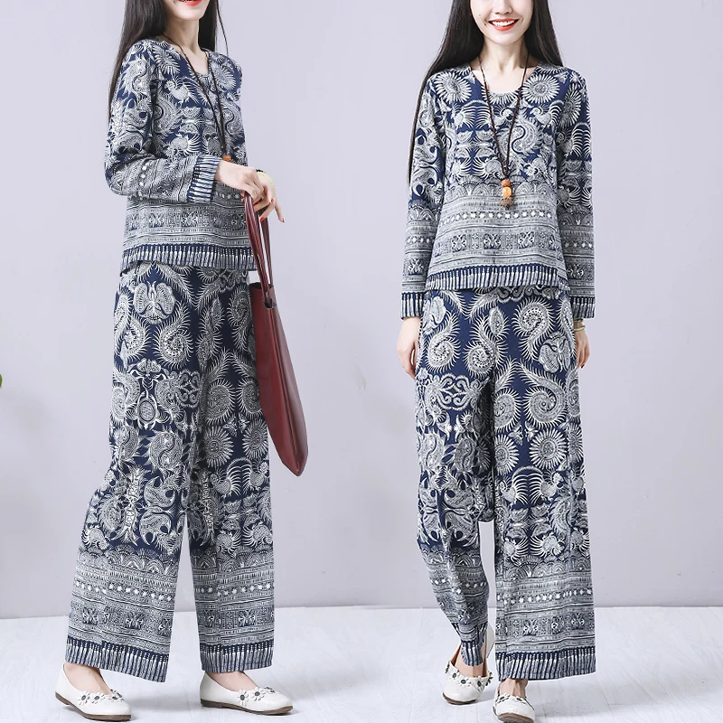 

National style Pants suits sets Chinese style women's sets women's Cotton and linen prin Tops+loose Wide leg pants two-piece