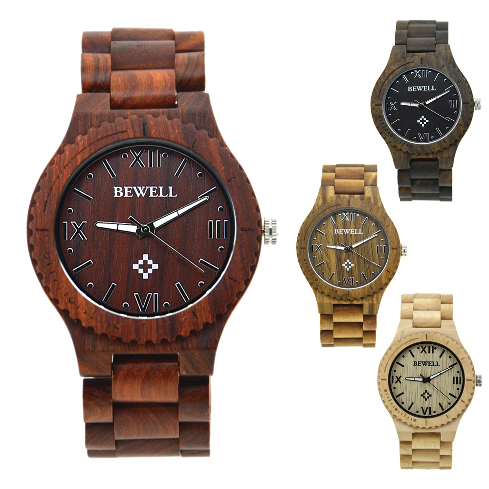 BEWELL деревянные Мужские кварцевые наручные часы с римскими цифрами светящиеся