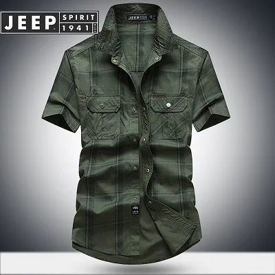 JEEP SPIRIT летняя Клетчатая Рубашка мужская повседневная хлопковая дышащая мужская рубашка camisa masculina размера плюс M-5XL с коротким рукавом Мягкие Рубашки - Цвет: Армейский зеленый