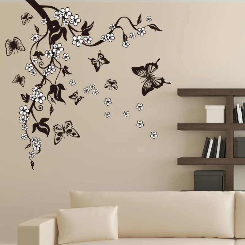 Creative Butterfly Flower Branch Decorative Wall Stickers Home Decor Living Room Decorations Pvc Wall Decals Diy Mural Art