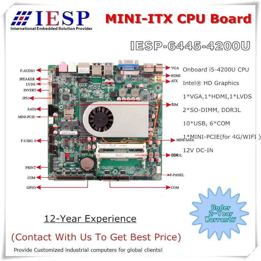 

MINI-ITX CPU board, Core i5-4200U, 6*RS232, 8*USB, 2*LAN, VGA, HDMI, LVDS, Only for reunion Customer