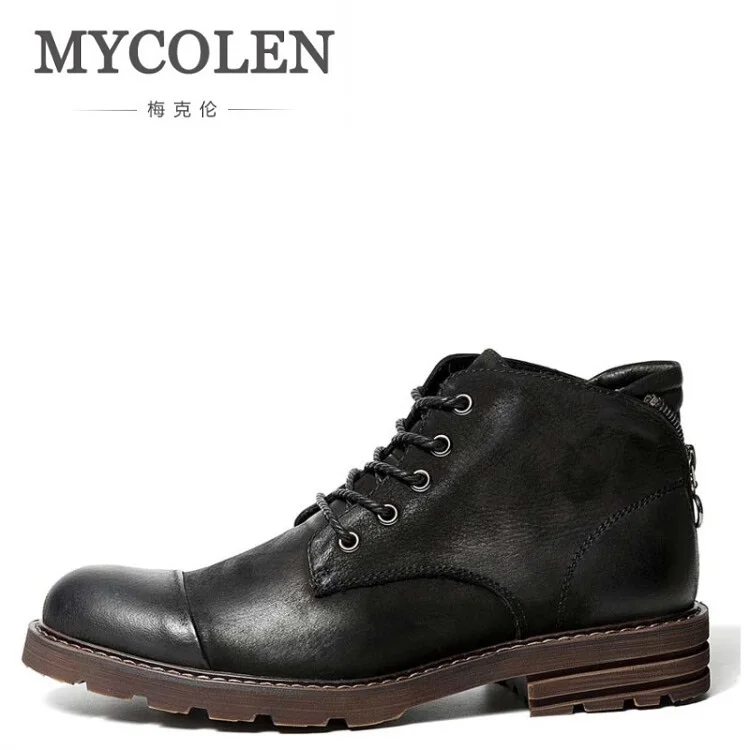 MYCOLEN/ботинки из натуральной кожи для мужчин; Новинка; зимняя водонепроницаемая обувь на шнуровке; короткие Роскошные брендовые рабочие мужские ботинки; Zapatos - Цвет: Черный